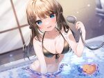  1girl absurdres bangs bare_arms bathing bathroom bathtub bikini black_bikini blue_eyes blurry blurry_background breasts brown_hair cleavage collarbone fang hair_ornament hair_ribbon hairclip highres holding holding_shower_head indoors lens_flare long_hair looking_at_viewer mafuyu_(chibi21) medium_breasts navel non-web_source open_mouth original partially_submerged ribbon rubber_duck shower_head showering smile solo swimsuit tile_wall tiles wet window 