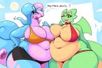  absurd_res anthro belly big_belly big_breasts bikini black_clothing blue_body blue_hair blue_tail breasts chubby_female clothing dragon duo english_text eyelashes eyeshadow fangs female generation_6_pokemon glamor glimglam goodra green_body green_eyes green_scales green_tail hair hi_res horn huge_breasts makeup marilin_(inkplasm) multicolored_body navel nintendo open_mouth orange_clothing overweight overweight_female pink_body pink_eyes pink_hair pink_tail pokemon pokemon_(species) red_clothing scales slightly_chubby swimwear tan_body tan_scales text tongue two_tone_body underwear video_games wings 