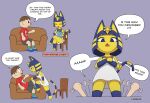  absurd_res animal_crossing ankha_(animal_crossing) ankha_zone anthro bob_cut chair clothing comic crossed_arms dialogue domestic_cat dominant dominant_female duo english_text eyes_closed featureless_feet felid feline felis female furniture hi_res human kalasiris loginaz looking_down looking_up male male/female mammal nintendo notebook pencil_(object) red_clothing sofa stencil stepped_on submissive submissive_male text uraeus usekh video_games villager_(animal_crossing) waving_arms wide_eyed 