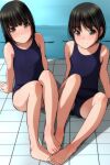  2girls absurdres barefoot black_hair blue_one-piece_swimsuit blush brown_eyes closed_mouth flat_chest highres long_hair matsunaga_kouyou multiple_girls nose_blush original school_swimsuit short_hair sitting swimsuit tile_floor tiles 