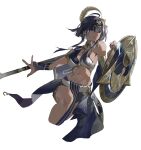  1girl ahoge bangs bare_shoulders blue_eyes breasts buri_(retty9349) character_request closed_mouth copyright_request cross fingernails hair_between_eyes hair_ornament holding holding_polearm holding_weapon jewelry looking_away medium_breasts medium_hair navel polearm shield simple_background skirt solo spear stomach weapon 