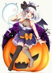  1girl :d asymmetrical_legwear bat_(animal) bat_wings black_hairband black_thighhighs blue_eyes bracelet fishnets full_body ghost grey_hair hairband halloween_costume highres jack-o&#039;-lantern jewelry konpaku_youmu konpaku_youmu_(ghost) looking_at_viewer mismatched_legwear open_mouth shirotsuki_shirone short_hair single_wrist_cuff sitting smile solo thighhighs touhou white_background wings wrist_cuffs 