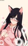  1girl 3: animal_ears bakemonogatari black_hair blush breasts bubble cat_ears cat_girl embarrassed furrowed_brow glasses hanekawa_tsubasa heart highres johntcolor large_breasts long_hair looking_at_viewer monogatari_(series) nose_blush pajamas pink_pajamas purple_eyes solo star_(symbol) 