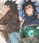  1boy black_hair blue_eyes blue_pants blue_shirt cocktail_glass cowboy_shot cup denim drinking_glass earrings final_fantasy final_fantasy_vii glowing glowing_eyes hair_slicked_back holding holding_cup jacket jeans jewelry leather leather_jacket long_hair looking_at_viewer looking_to_the_side male_focus multiple_views open_mouth pants scar scar_on_cheek scar_on_face shirt sideburns single_earring sleeveless sleeveless_turtleneck smile smirk teeth toujou_sakana turtleneck twitter_username upper_body upper_teeth zack_fair 