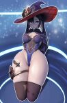  1girl bad_proportions black_hair black_thighhighs blue_eyes blue_leotard breasts cameltoe earrings genshin_impact hat highres hip_focus jewelry leotard long_hair medium_breasts mona_(genshin_impact) popogori solo thighhighs twintails witch_hat 