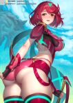  1girl ass back blush breasts brick_(atelier_brick) fingerless_gloves gloves holding holding_weapon large_breasts looking_at_viewer open_mouth pyra_(xenoblade) short_shorts shorts smile standing thick_thighs thighs weapon web_address xenoblade_chronicles_(series) xenoblade_chronicles_2 