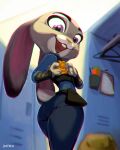  2022 4:5 anthro badge butt butt_pose clothing disney female hi_res jochico judy_hopps lagomorph leporid locker_room long_ears mammal open_mouth open_smile police_uniform pose rabbit scut_tail short_tail signature smile solo uniform zootopia 