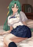  1girl bangs bed_sheet bedroom blue_skirt blurry blurry_background bow bowtie breast_pocket closed_mouth collared_shirt dress_shirt green_eyes green_hair hair_between_eyes hair_intakes hair_ribbon highres higurashi_no_naku_koro_ni indoors long_hair looking_at_viewer mac_naut miniskirt pleated_skirt pocket ribbon school_uniform shiny shiny_hair shirt short_sleeves signature skirt smile solo sonozaki_shion st._lucia_academy_school_uniform striped striped_bow striped_bowtie very_long_hair white_shirt wing_collar yellow_ribbon 