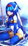  1girl absurdres android blue_eyes boots breasts closed_mouth gloves helmet highres index_finger_raised leviathan_(mega_man) looking_at_viewer mega_man_(series) mega_man_x_dive mega_man_zero nanayaryuoo polearm ripples sitting spear thigh_boots thighhighs water weapon white_gloves 
