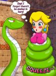  2022 blonde_hair blue_eyes blush bodysuit breasts clothing cobrat coiling desert digital_drawing_(artwork) digital_media_(artwork) duo eep english_text female feral green_body hair hi_res human latex_bodysuit mammal mario_bros nintendo open_mouth pink_bodysuit princess_peach pyramid red_eyes reptile scalie screencap screencap_background skinsuit smile snake spandex_suit squeeze_(sound_effect) squeezing text the_scale_train thought_bubble tight_clothing totally_spies! video_games 