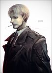  1boy black_coat black_necktie blonde_hair business_suit chainsaw_man cigarette coat curtained_hair earrings facial_hair formal jewelry k-suwabe kishibe_(chainsaw_man) male_focus mouth_hold necktie short_hair simple_background smoke smoking solo stubble suit upper_body white_background 