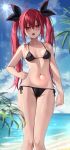  1girl absurdres beach bikini blush date_a_live hair_ornament highres itsuka_kotori long_hair looking_at_viewer open_mouth red_eyes red_hair solo sun sunlight swimsuit thighhighs twintails vitaminechan water 