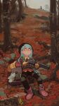  1girl backpack bag black_pants blue_hair boots closed_mouth forest grey_eyes gun hat hiding highres hilda_(hilda) hilda_(series) holding holding_gun holding_weapon knee_pads mossacannibalis nature pants pink_footwear shotgun solo_focus tree weapon 