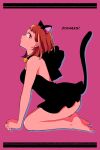  1girl animal_ears backless_dress backless_outfit barefoot bell black_bow black_dress boku_no_hero_academia bow brown_eyes brown_hair cat_ears cat_tail commentary dress earrings full_body highres jewelry kneeling pink_background short_hair solo symbol-only_commentary tabetai_omochi tail uraraka_ochako 