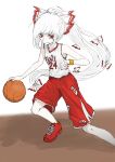  1girl aizettonagi alternate_costume bangs basketball bow closed_mouth clothes_writing commission fujiwara_no_mokou full_body hair_bow highres long_hair looking_at_viewer multiple_bows ponytail red_eyes red_footwear red_nails red_shorts shorts skeb_commission solo sportswear touhou upper_body white_background white_hair wristband 