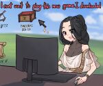  1girl absurdres bare_shoulders black_hair blurry blurry_background box breasts brown_eyes centurii-chan_(artist) cleavage cloud cloudy_sky collarbone commentary computer day english_commentary english_text eyes_visible_through_hair greek_mythology hair_intakes highres keyboard_(computer) large_breasts mouse_(computer) open_mouth original outdoors sky smile solo sparkle toga 