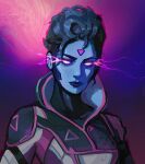  1girl absurdres apex_legends black_bodysuit blue_hair blue_skin bodysuit colored_skin english_commentary eye_trail glowing glowing_eyes hair_behind_ear highres jacket light_trail looking_to_the_side neon_spectre_wraith official_alternate_costume peter_chai portrait purple_background purple_eyes solo updo white_jacket wraith_(apex_legends) 