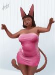  2022 5_fingers absurd_res anthro artist_name big_breasts blulesnsfw breasts brown_body brown_fur brown_hair claws clothed clothing digital_media_(artwork) dress eyes_closed felid feline felis female fingers fur hair hi_res mammal mature_anthro mature_female nipple_outline nisha_(blulesnsfw) open_mouth pink_clothing pink_dress simple_background smile solo standing teeth tight_clothing 