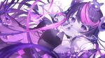  1girl bangs character_request colored_skin covering_mouth hands_up heart heart-shaped_pupils highres looking_at_viewer multicolored_hair purple_eyes purple_hair purple_skin purple_theme ryota_(ry_o_ta) simple_background solo space_leaper:_cocoon swept_bangs symbol-shaped_pupils two-tone_hair upper_body white_background 