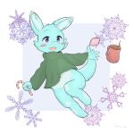 1:1 anthro beverage blue_body blue_fur candy candy_cane chocolate christmas clothing dessert dragon female food fur furred_dragon green_clothing green_shirt green_topwear happy hi_res holidays hot_chocolate lunooky shirt solo tagme topwear young 