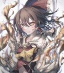  1girl absurdres ascot bangs bow brown_eyes brown_hair closed_mouth commentary expressionless facepaint fire frilled_bow frilled_hair_tubes frills hair_between_eyes hair_bow hair_tubes hakurei_reimu highres lips long_hair looking_at_viewer navel red_bow red_vest shirt solo touhou tqg_07 upper_body vest white_shirt yellow_ascot 