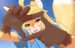  2022 5_fingers ahoge anthro blonde_hair blue_background blush brown_body brown_fur canid canine claws clothed clothing countershading cute_fangs digital_media_(artwork) dipstick_ears dipstick_tail female female_anthro finger_claws fingers fluffy fox fur gloves_(marking) hair happy hi_res horokusa0519 inner_ear_fluff kemono korai_(horokusa) long_hair looking_at_viewer mammal markings multicolored_ears multicolored_tail open_mouth open_smile orange_eyes shirt simple_background smile solo t-shirt tail_markings tongue topwear tuft white_body white_fur yellow_body yellow_fur 