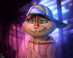  2022 5:4 absurd_res alvin_and_the_chipmunks chipmunk clothing collaboration detailed_background fan_character feral green_eyes ground_squirrel hi_res hoodie jordan_the_chipmunk lgbt_pride looking_happy male mammal neko-me night rainbow_colors red_clothing red_hoodie red_topwear rodent sciurid sideways_baseball_cap smile solo standing topwear twilight vest_(artist) 
