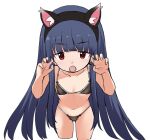  1girl animal_ear_fluff animal_ears arms_up bangs bikini black_bikini blue_hair blunt_bangs breasts cat_ears claw_pose fake_animal_ears fang highres idolmaster idolmaster_cinderella_girls long_hair looking_at_viewer ookamiuo open_mouth red_eyes sajo_yukimi simple_background small_breasts solo swimsuit very_long_hair white_background 