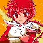  1girl :3 ^_^ braid braided_ponytail closed_eyes closed_mouth hiroita long_hair long_sleeves lowres magic_knight_rayearth mokona orange_background pixel_art red_eyes red_hair shidou_hikaru smile upper_body 