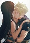  1boy 1girl absurdres armor bare_arms bare_shoulders black_hair blonde_hair blush brown_hair closed_eyes cloud_strife couple earrings final_fantasy final_fantasy_vii final_fantasy_vii_remake highres hug jewelry kiss kissing_forehead long_hair maiii_(smaii_i) shoulder_armor spiked_hair sweater tank_top tifa_lockhart turtleneck turtleneck_sweater upper_body white_tank_top 