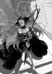  1girl bangs bare_legs bare_shoulders barefoot breasts detached_collar detached_sleeves dungeon_meshi ear_covers edo_mond_(edoedoedomond) elf feathered_wings floating_hair from_above greyscale highres holding holding_staff hood hood_up legs_apart long_hair looking_at_another looking_away looking_to_the_side marcille monochrome pointy_ears scared spoilers staff standing symbol-shaped_pupils winged_lion_(dungeon_meshi) wings 