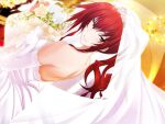  1girl bangs bouquet bridal_veil closed_mouth diadem dress elbow_gloves flower game_cg gloves hair_between_eyes hair_over_shoulder holding holding_bouquet indoors kawagishi_keitarou long_hair looking_at_viewer looking_back maji_de_watashi_ni_koi_shinasai! margit_eberbach pink_flower pink_rose red_hair rose shiny shiny_hair shoulder_blades smile solo strapless strapless_dress upper_body veil wedding_dress white_dress white_flower white_gloves white_rose yellow_flower yellow_rose 