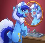  absurd_res blue_eyes blue_hair brush brushing brushing_teeth colgate_(mlp) cutie_mark equid equine fangs hair hasbro hi_res horn mammal minuette mirror my_little_pony reflection sharp_teeth sink teeth toothbrush unicorn white_hair witchtaunter 