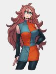  1girl android_21 black_sleeves blue_eyes breasts checkered_clothes checkered_dress detached_sleeves dragon_ball dragon_ball_fighterz dress earrings glasses grey_background hair_between_eyes hand_on_hip hoop_earrings jewelry kemachiku large_breasts long_hair looking_at_viewer red_hair simple_background solo 