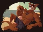  anthro bare_chest brown_body brown_fur canid canine canis clothing disney don_karnage ducktales ducktales_(2017) fangs floppy_ears fur gothwolf hi_res lotion_bottle male mammal muscular muscular_anthro muscular_male smile solo swimming_trunks swimwear talespin wolf 