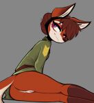  2022 anthro bottomless canid canine clothed clothing digital_media_(artwork) female fox fur genitals grey_background hair hi_res lenyavok looking_at_viewer mammal military_uniform mouritzeen_(lenyavok) orange_body orange_fur presenting presenting_pussy pussy simple_background solo topwear uniform 