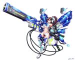  1girl artist_name bangs bare_shoulders blue_gloves blue_thighhighs breasts brown_hair cable closed_mouth crotch_plate elbow_gloves gatling_gun gloves hair_between_eyes headgear hip_vent huge_weapon long_hair mecha_musume mechanical_wings medium_breasts midriff miniskirt navel original ponytail red_eyes science_fiction simple_background skirt solo thighhighs underboob weapon white_background white_skirt wings yokoi_aya 