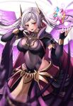  1girl absurdres aura bangs black_gloves bodystocking breasts clothing_cutout covered_navel cowboy_shot crown dark_aura dark_persona dragonstone earrings eyes_of_grima fire_emblem fire_emblem_awakening fire_emblem_cipher fire_emblem_heroes floating floating_object gloves grey_hair grima_(fire_emblem) groin hand_tattoo highres jewelry large_breasts official_alternate_costume parted_bangs red_eyes reia_hana robin_(fire_emblem) robin_(fire_emblem)_(female) solo swept_bangs tattoo twintails wings 