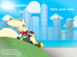  building city cityscape cloud english_text grass hi_res kemono lemonlime lemonlime_(character) looking_outside male plant sitting sitting_on_grass skyscraper solo sun text wind 
