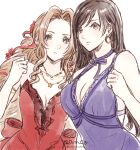  2girls aerith_gainsborough ancotsubu artist_name bangs bare_arms black_hair breasts choker cleavage clenched_hand crescent crescent_earrings dress earrings fighting_stance final_fantasy final_fantasy_vii final_fantasy_vii_remake flamenco_dress flower green_eyes hair_between_eyes hair_flower hair_ornament hair_ribbon highres jewelry large_breasts long_hair looking_at_viewer medium_breasts multiple_girls multiple_necklaces official_alternate_costume parted_bangs pony purple_dress red_dress red_eyes red_flower red_ribbon ribbon ribbon_choker ringlets sidelocks sketch strapless strapless_dress tifa_lockhart twitter_username upper_body white_background 