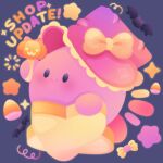  bat_(animal) blue_background blush candy english_text food halloween hat kirby kirby_(series) puffychii simple_background smile star_(sky) wand witch_hat 