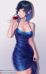  1girl alcohol bangs bare_shoulders black_hair blue_dress blue_hair blush bob_cut breasts cleavage collarbone cup diagonal_bangs dress drinking_glass genshin_impact green_eyes helloimtea highres large_breasts looking_at_viewer mole mole_on_breast multicolored_hair short_hair solo thighs two-tone_hair wine wine_glass yelan_(genshin_impact) 