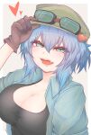  1girl blue_eyes blue_jacket breasts brown_gloves cleavage cube85 eyewear_on_head fang flat_cap gloves green_headwear hair_between_eyes hair_bobbles hair_ornament hand_on_headwear hat heart highres jacket kawashiro_nitori large_breasts looking_at_viewer open_mouth simple_background solo touhou two_side_up upper_body white_background 
