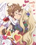  1boy 1girl angel_wings black_shirt blonde_hair blush bracer breasts brown_hair chiton closed_eyes dress feathers flower hair_flower hair_ornament hand_on_another&#039;s_back head_wreath heart hetero highres holding_hands interlocked_fingers karbuitt kid_icarus kiss laurel_crown medium_breasts multicolored_clothes multicolored_dress pit_(kid_icarus) ponytail purple_flower purple_rose rose shirt toga viridi wings yellow_background 