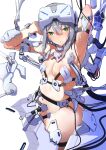  1girl aliasing armor armpits blush breasts green_eyes grey_hair head-mounted_display looking_at_viewer mecha_musume navel original presenting_armpit ringobatake short_hair simple_background small_breasts solo stomach sweat white_background 