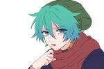  1boy adjusting_scarf animal_collar aqua_eyes aqua_hair beanie blue_shirt collar green_headwear hair_between_eyes hat hiyori_sou kimi_ga_shine long_sleeves looking_at_viewer open_mouth portrait red_scarf scarf shirt short_hair simple_background solo spiked_hair teeth uououoon white_background 