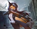  9_tails amarihel amber_eyes anthro battlefield black_hair canid canine clothed clothing coat detailed_background female fox foxxi fur gun hair head_fur hi_res holding_gun holding_object holding_weapon mammal multi_tail navel orange_body orange_fur outside ranged_weapon rifle solo topwear trench trenchcoat video_games weapon white_body white_fur 