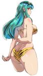  1girl animal_print ass bikini bow_(bhp) breasts closed_mouth commentary_request green_hair horns large_breasts long_hair looking_at_viewer lum oni pointy_ears print_bikini red_horns simple_background smile solo swimsuit thighs tiger_print urusei_yatsura white_background yellow_bikini yellow_eyes 