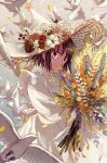  1girl animal apron bangs bird bob_cut bouquet brown_eyes brown_hair brown_rose closed_mouth collared_dress cowboy_shot dove dress feathers flat_chest flower from_side hat hat_flower hat_ornament highres hinata_(echoloveloli) holding holding_flower long_hair long_sleeves looking_at_viewer original petals puffy_long_sleeves puffy_sleeves rose short_hair smelling_flower smile solo sparkle star_(symbol) star_hat_ornament wheat white_apron white_dress white_flower white_headwear white_rose witch witch_hat yellow_dress yellow_flower 