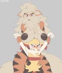  anthro arcanine areola biped blue_eyes blush braixen breasts cooliehigh duo female generation_1_pokemon generation_6_pokemon glistening glistening_breasts hi_res holding_arms nintendo nipples orange_body pokemon pokemon_(species) red_eyes simple_background snout video_games white_body 